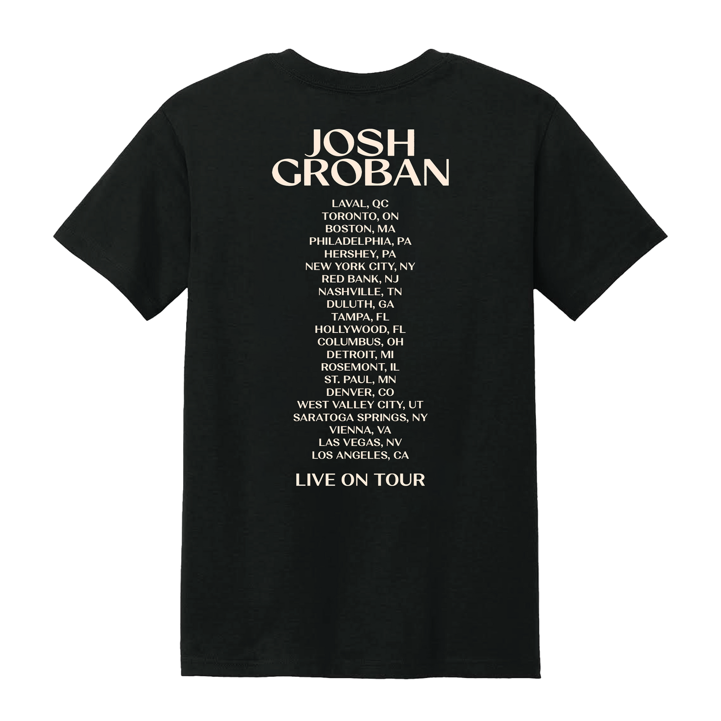 Black Josh Groban tour t-shirt with white text listing concert dates on the back