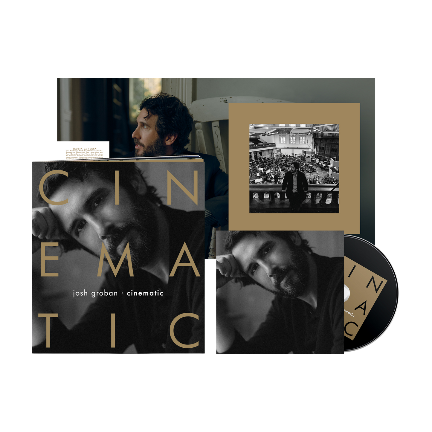 Music album packaging for 'Cinematic' by Josh Groban with cover, disc, and additional images.