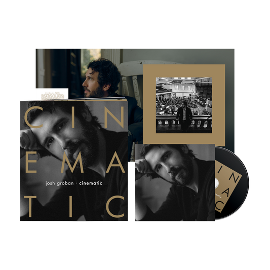 Music album packaging for 'Cinematic' by Josh Groban with cover, disc, and additional images.