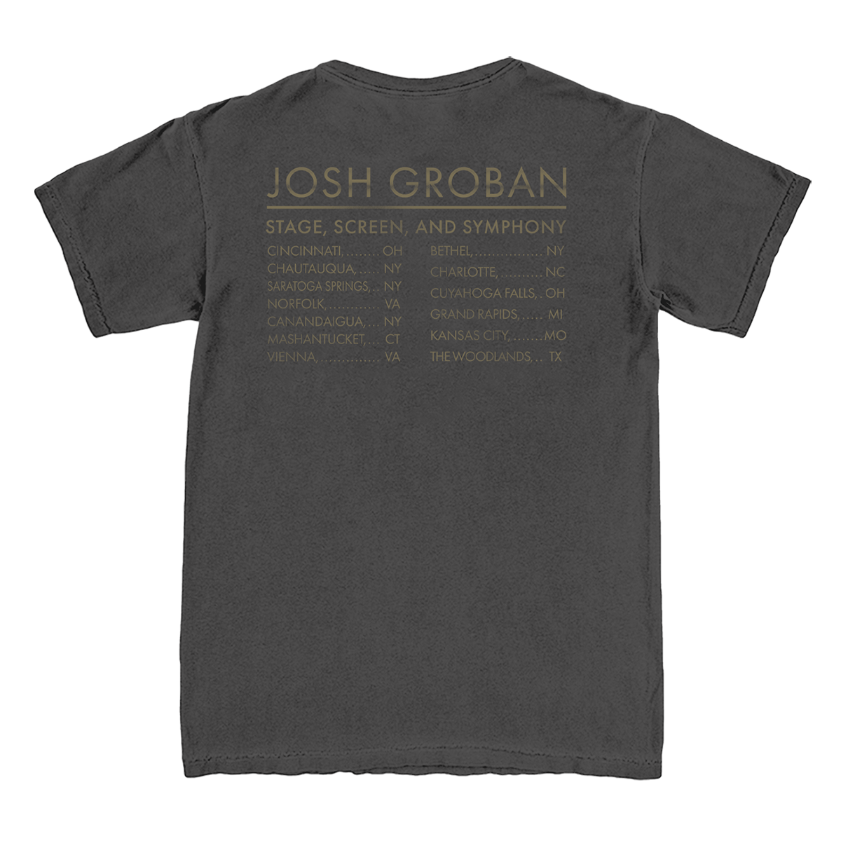 Symphony tour dates from Josh Groban on the back of a grey tee