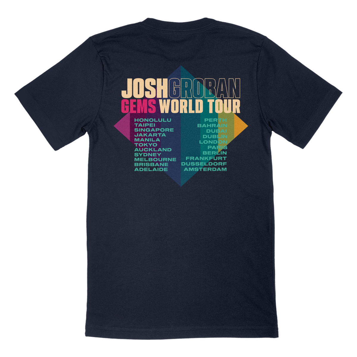 Josh Groban World Tour graphic with cities on the back of a navy short sleeve tee