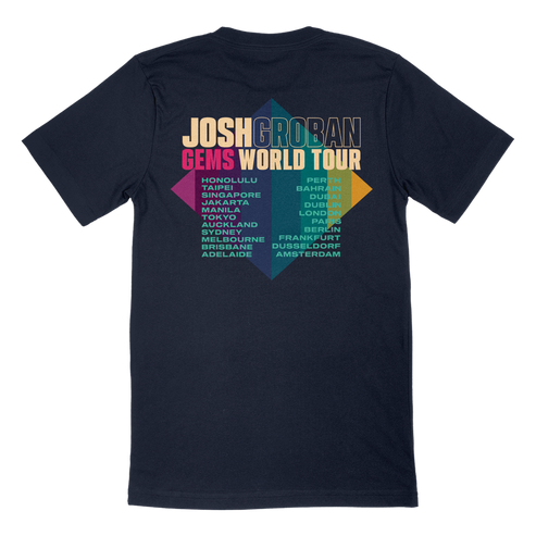 Josh Groban World Tour graphic with cities on the back of a navy short sleeve tee