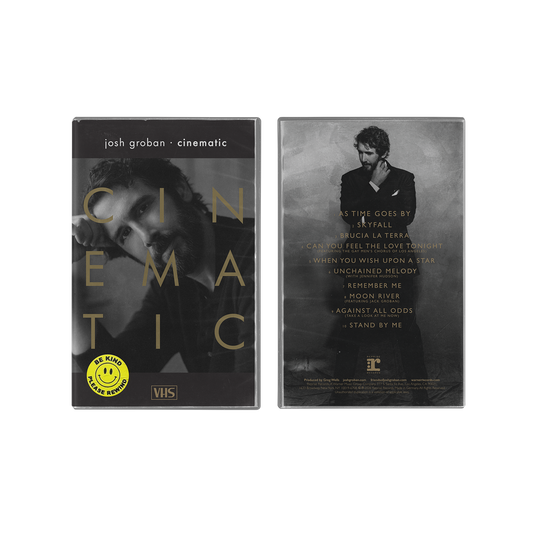 VHS tapes with 'Josh Groban Cinematic' branding and cassette tape inside